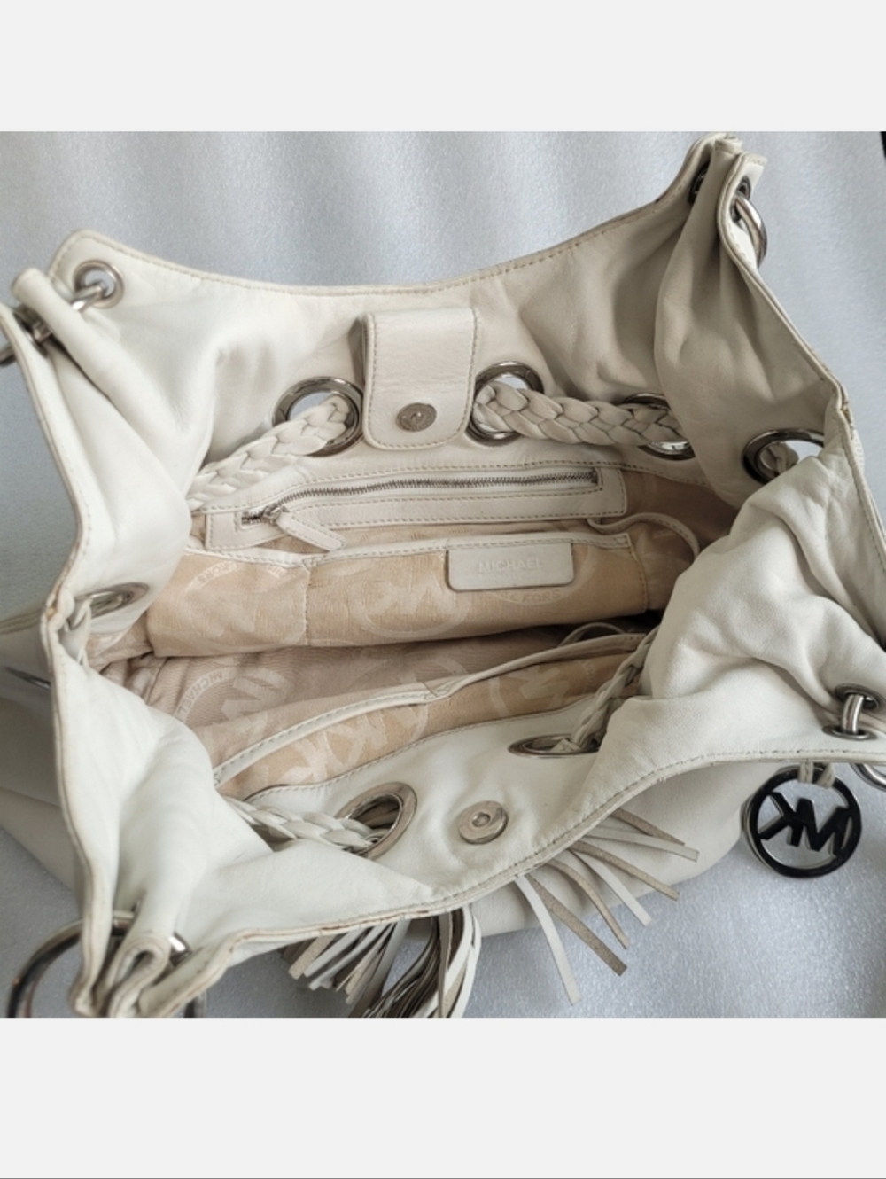 Michael Kors Camden Slouchy Leather Hobo Bag Braided Straps Off-White - Picture 8 of 16